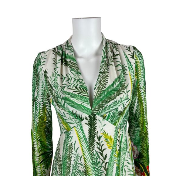 Vintage 70s Tropical Dress Womens XS Deep V Green Botanical Maxi Empire Bust - Picture 4 of 13